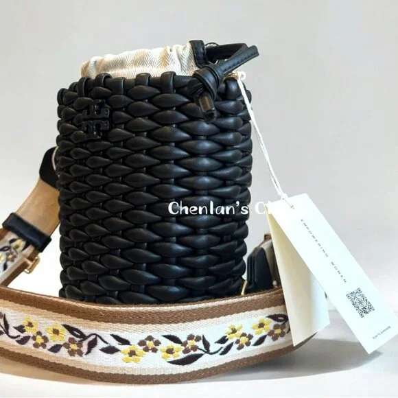 Tory Burch Emerson Woven Mini Bucket Bag Black With Gold Hardware - Picture 8 of 13